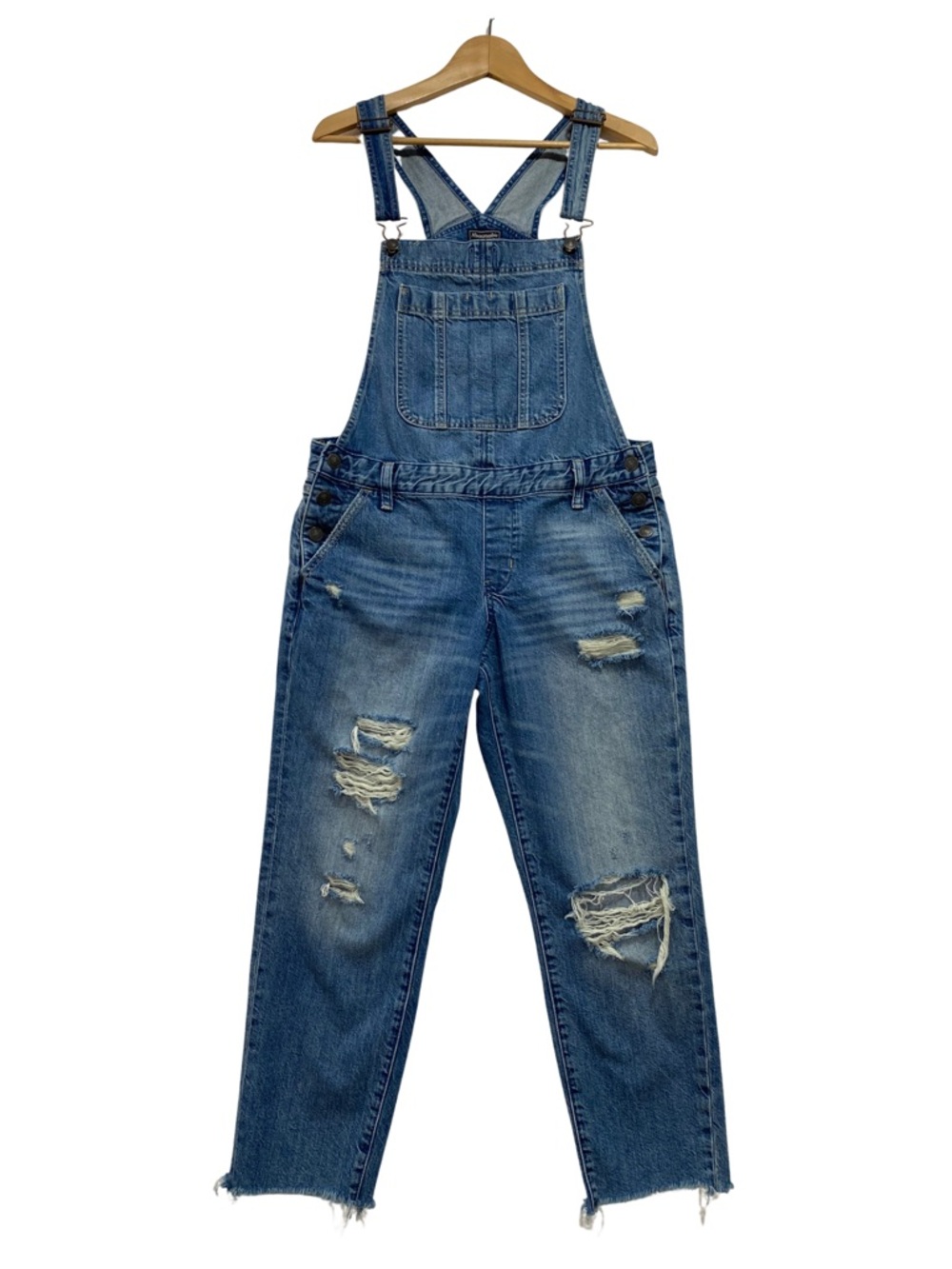 Abercrombie & Fitch Distressed Denim Bib Overalls Raw Hem Medium Wash Women’s S